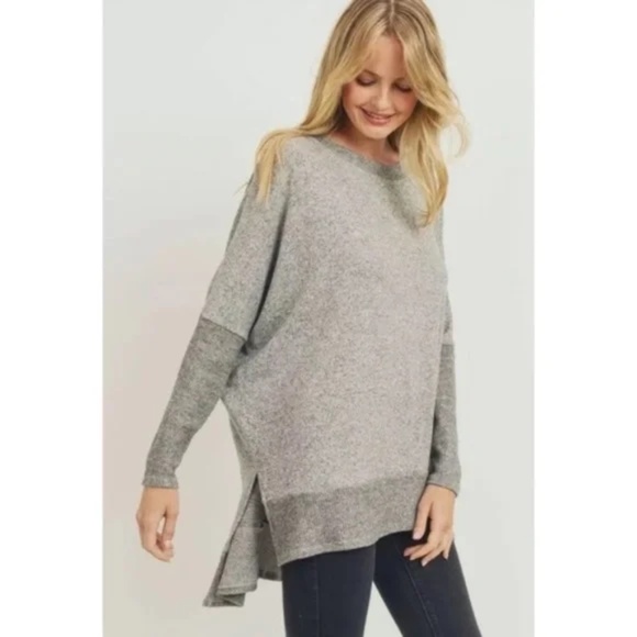 Gray Soft Brushed Knit Hi Lo Tunic Sweater Top - Picture 2 of 6